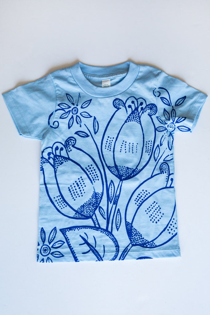 lucky fish lt blue tulips tee